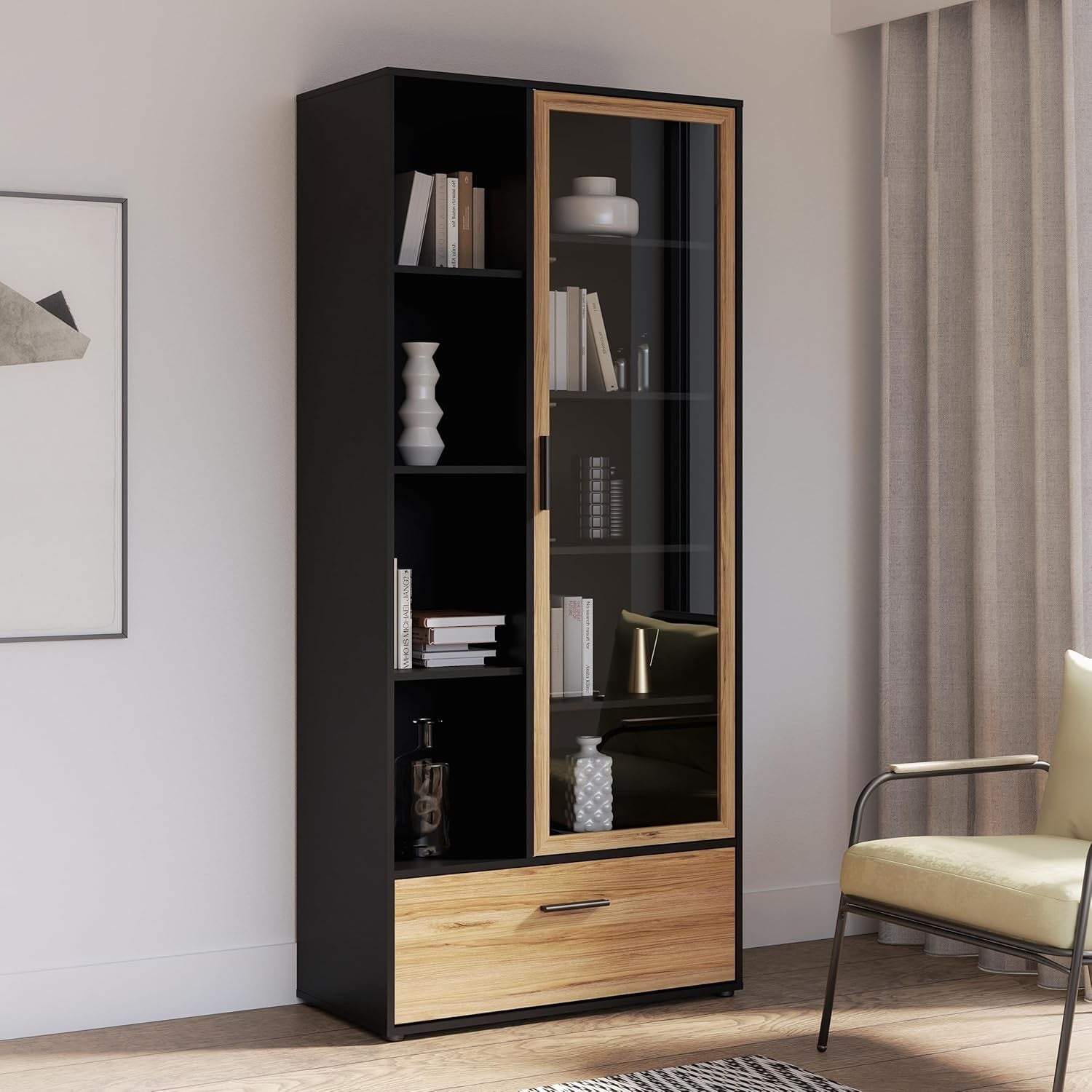 Vitrinenschrank mit Glastur, Regalboden und Schublade aus Holzwerkstoff in Mauvella-Eiche und Schwarz, 84,7 ¡Á 190,5 ¡Á 42 cm