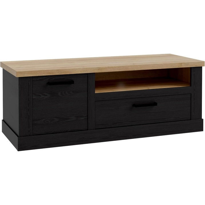 TV-Lowboard im Landhausstil mit 1 Tur, 1 Schublade und offenem Fach aus Holzwerkstoff in Riviera-Eiche und Cabezone-Eiche, 139,6 ¡Á 52 ¡Á 52 cm