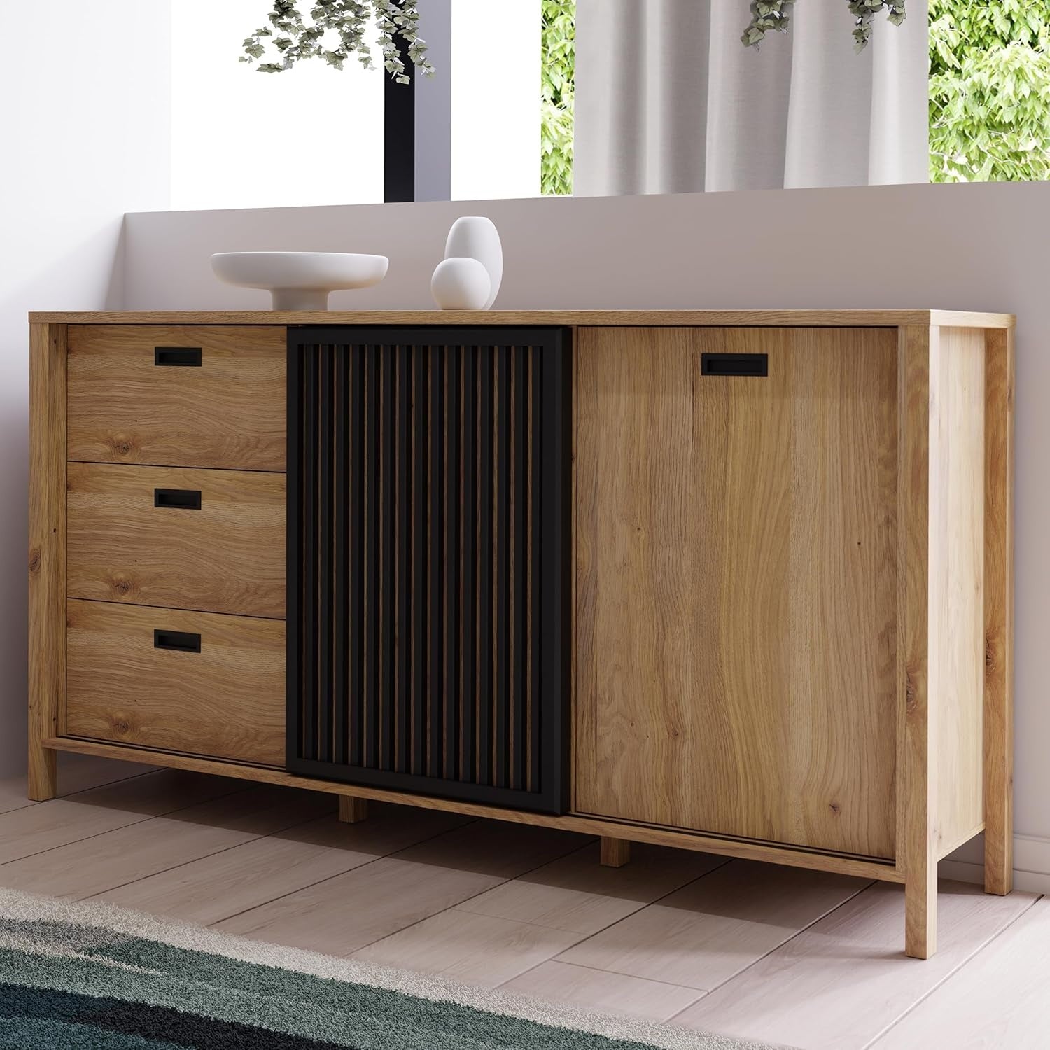 Sideboard mit 3 Schubladen und 2 Turen, Eiche und Schwarz, 174,8 ¡Á 91,5 ¡Á 40,2 cm