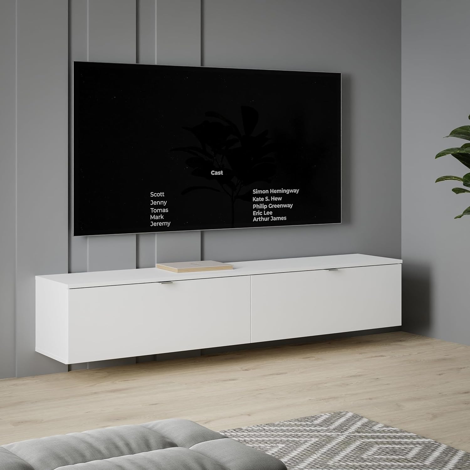 TV-Lowboard fur Fernseher bis 80 Zoll, hangend oder stehend, Weiss matt, 179,6 ¡Á 35,4 ¡Á 34,8 cm