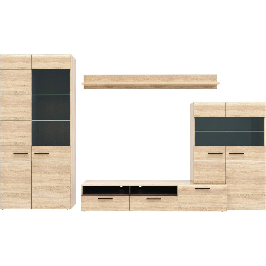 Wohnwand mit 2 Turen, 3 Glasturen und 2 Schubladen aus Holzwerkstoff in Sonoma-Eiche, Denver-Eiche und Wenge, 330 ¡Á 197 ¡Á 52 cm