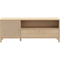 TV-Lowboard im Boho-Stil mit 1 Tur, 1 Schublade und offenem Fach aus Holzwerkstoff in Elegancia-Eiche und Technorattan, 156,3 ¡Á 60,1 ¡Á 42 cm