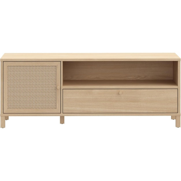 TV-Lowboard im Boho-Stil mit 1 Tur, 1 Schublade und offenem Fach aus Holzwerkstoff in Elegancia-Eiche und Technorattan, 156,3 ¡Á 60,1 ¡Á 42 cm