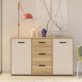Sideboard mit 3 Schubladen und 2 Turen aus Holzwerkstoff in Kaschmirbeige, Mauvella-Eiche und Sand, 141,2 ¡Á 84,9 ¡Á 42 cm