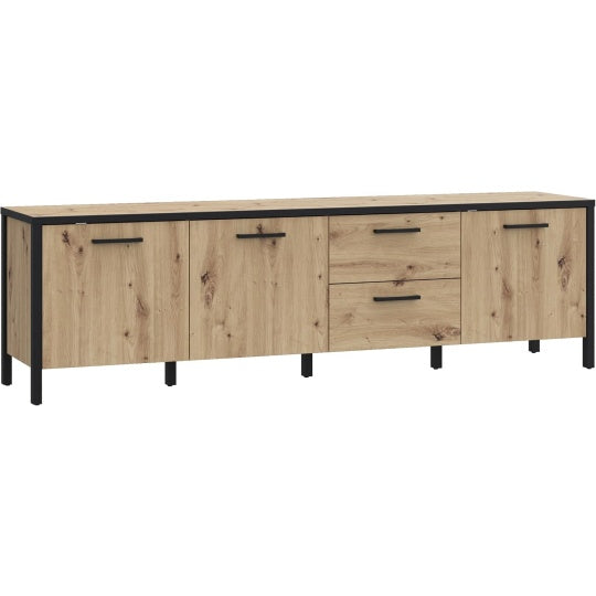 TV-Lowboard im Skandi-Stil mit 3 Turen und 2 Schubladen aus Holzwerkstoff in Artisan-Eiche und Schwarz matt, 184,5 ¡Á 54,3 ¡Á 40,2 cm