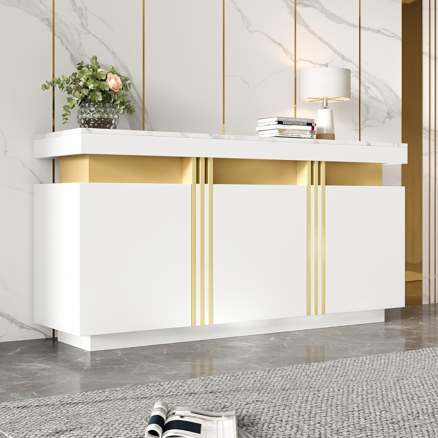 Sideboard mit 3 Turen, Arbeitsplatte und verstellbarem Einlegeboden in Marmoroptik