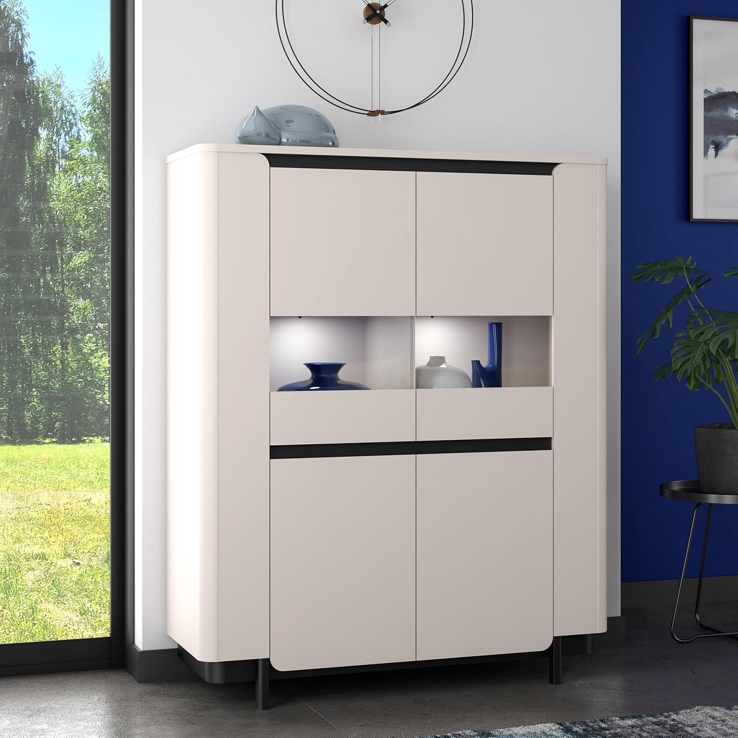 Highboardvitrine mit 2 Turen und abgerundeten Ecken aus Holzwerkstoff in Kaschmirbeige, 130,3 ¡Á 161,1 ¡Á 44,8 cm