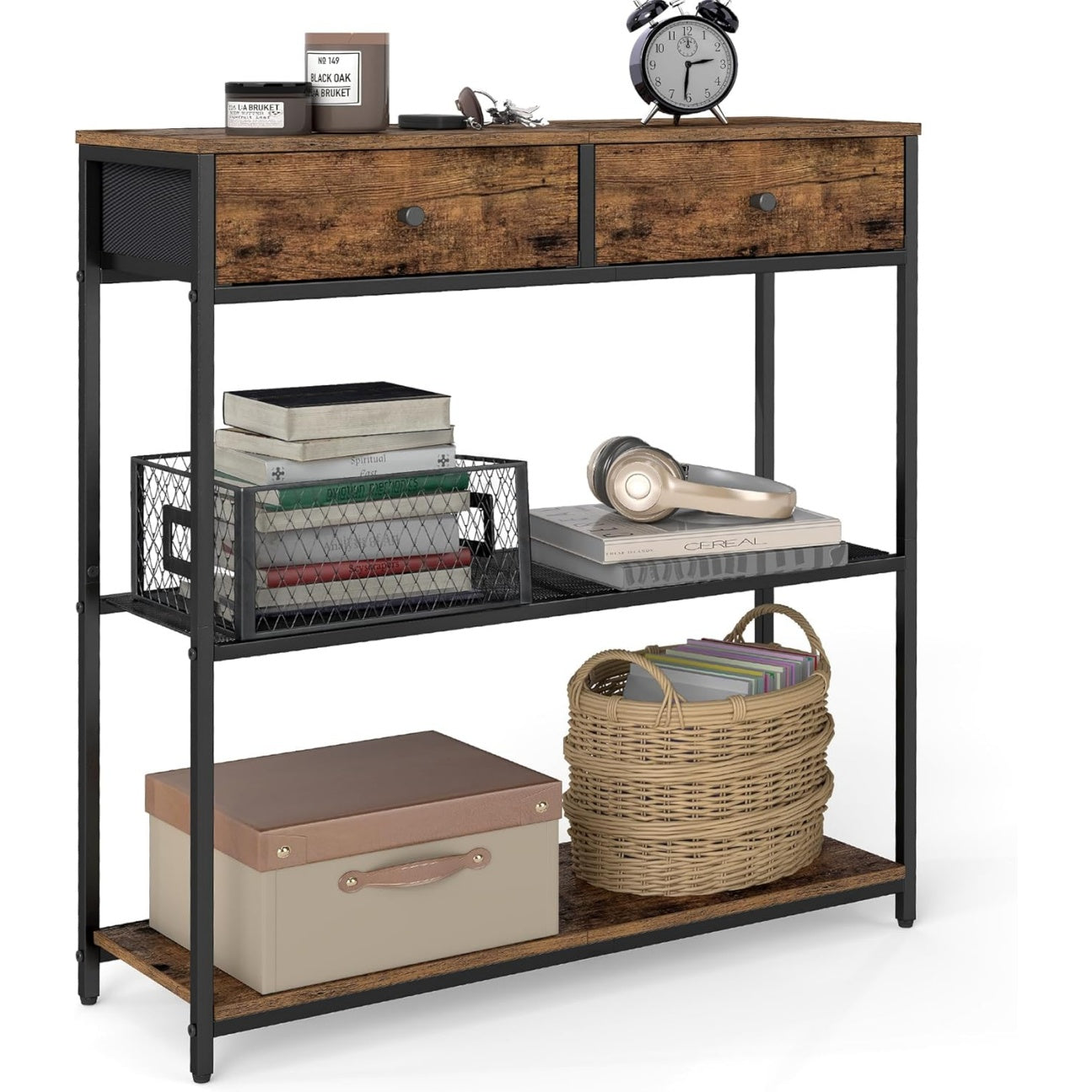 Schmaler Konsolentisch mit 2 Stoffschubladen, 24 ¡Á 76 ¡Á 80 cm, Vintagebraun und Tintenschwarz
