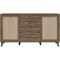 Sideboard im Boho-Stil mit 2 Turen, 4 Schubladen und Rattangeflecht aus Holzwerkstoff in Valencia-Eiche und Naturrattan, 159,2 ¡Á 87,2 ¡Á 42 cm