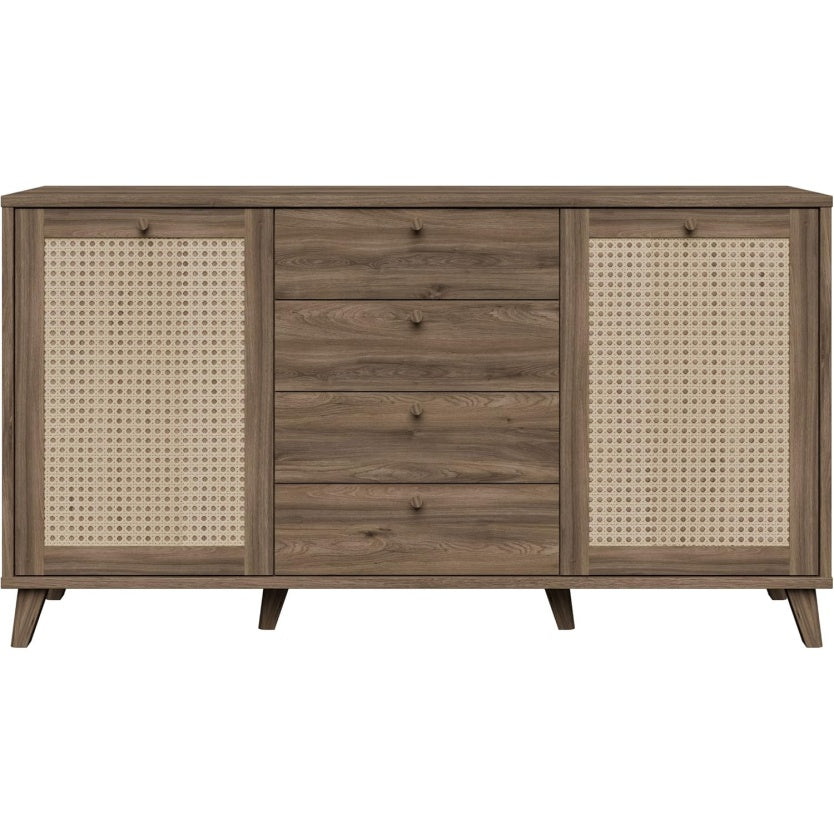 Sideboard im Boho-Stil mit 2 Turen, 4 Schubladen und Rattangeflecht aus Holzwerkstoff in Valencia-Eiche und Naturrattan, 159,2 ¡Á 87,2 ¡Á 42 cm