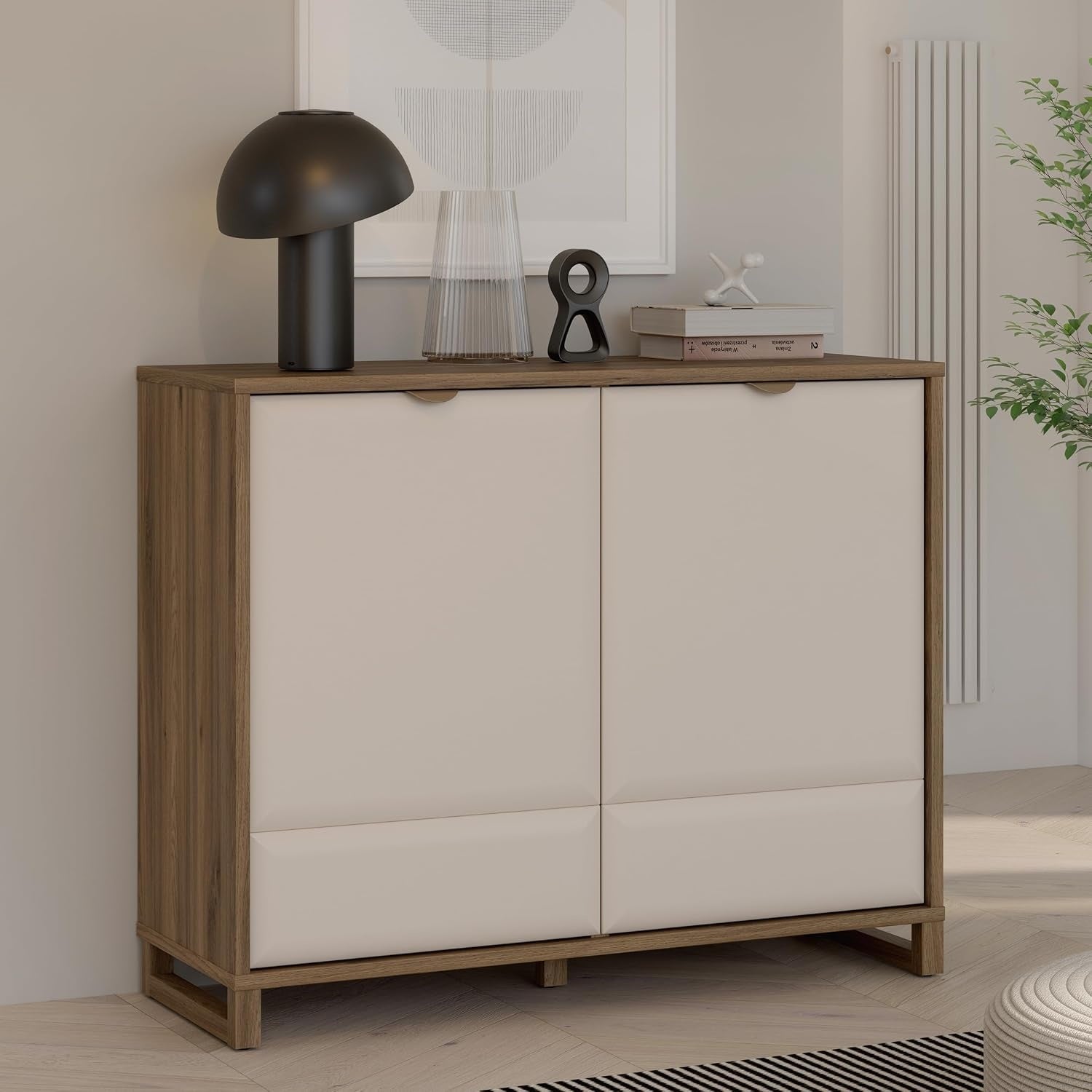 Kommode mit 2 Turen und Einlegeboden aus Holzwerkstoff in Kaschmirbeige, Valencia-Eiche und Sand, 114,5 ¡Á 93,3 ¡Á 41,9 cm