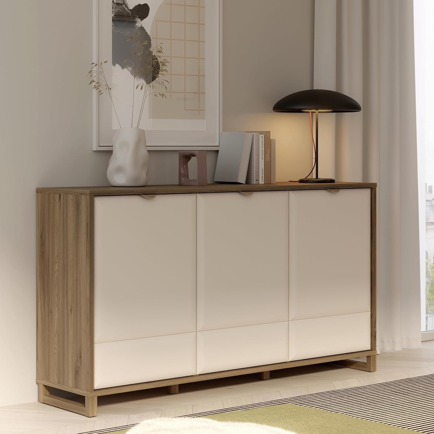 Kommode mit 3 Turen und Einlegeboden in Kaschmirbeige, Valencia-Eiche und Sand, 169,2 ¡Á 93,3 ¡Á 41,9 cm