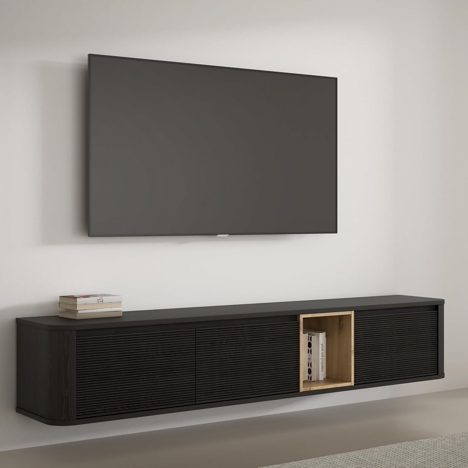 TV-Lowboard mit 3 Turen, beleuchtetem Fach und Relieffront aus Holzwerkstoff in Cabezone und Artisan-Eiche, 215 ¡Á 41,5 ¡Á 41,3 cm